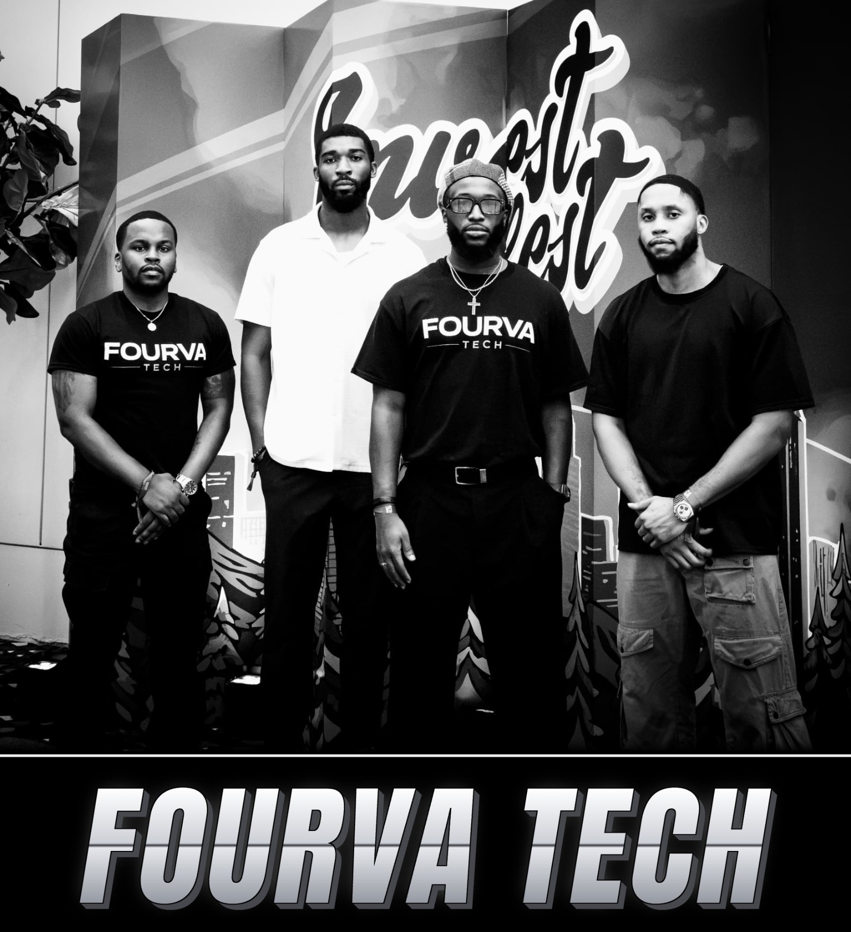 Black-and-white group photo of four men from Fourva Tech at Invest Fest 2026